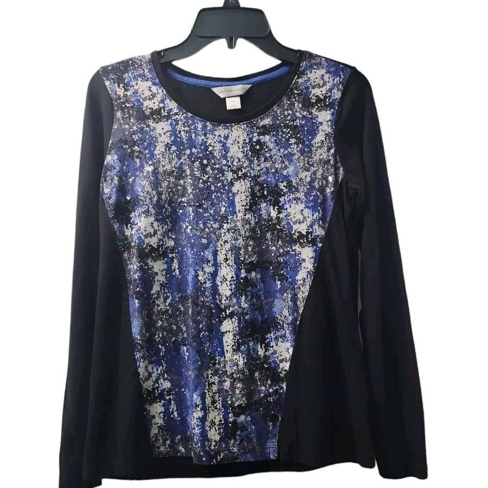Christopher & Banks Abstract Print Long Sleeve‎ Top Blouse Black Blue S
